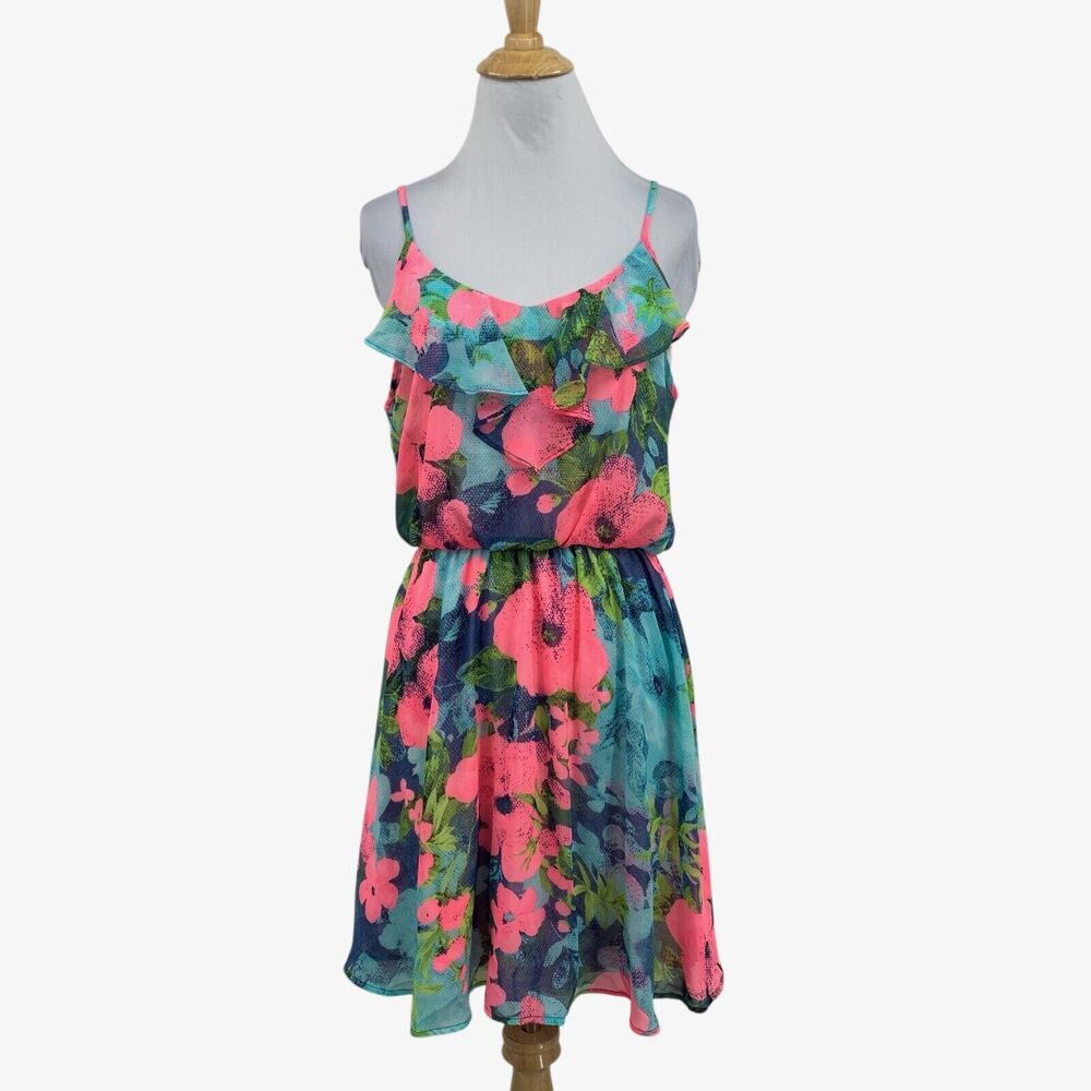 Lush Dress Womens M Medium Multi Floral Ruffle Blouson Flare Lined Cutout Back